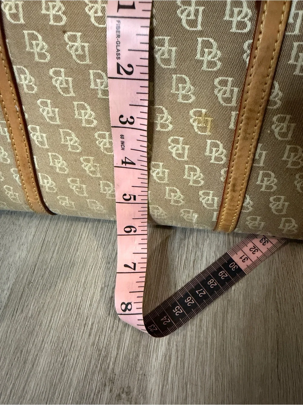 Dooney & Bourke Beige Monogram Shoulder Bag with Tan Leather Trim